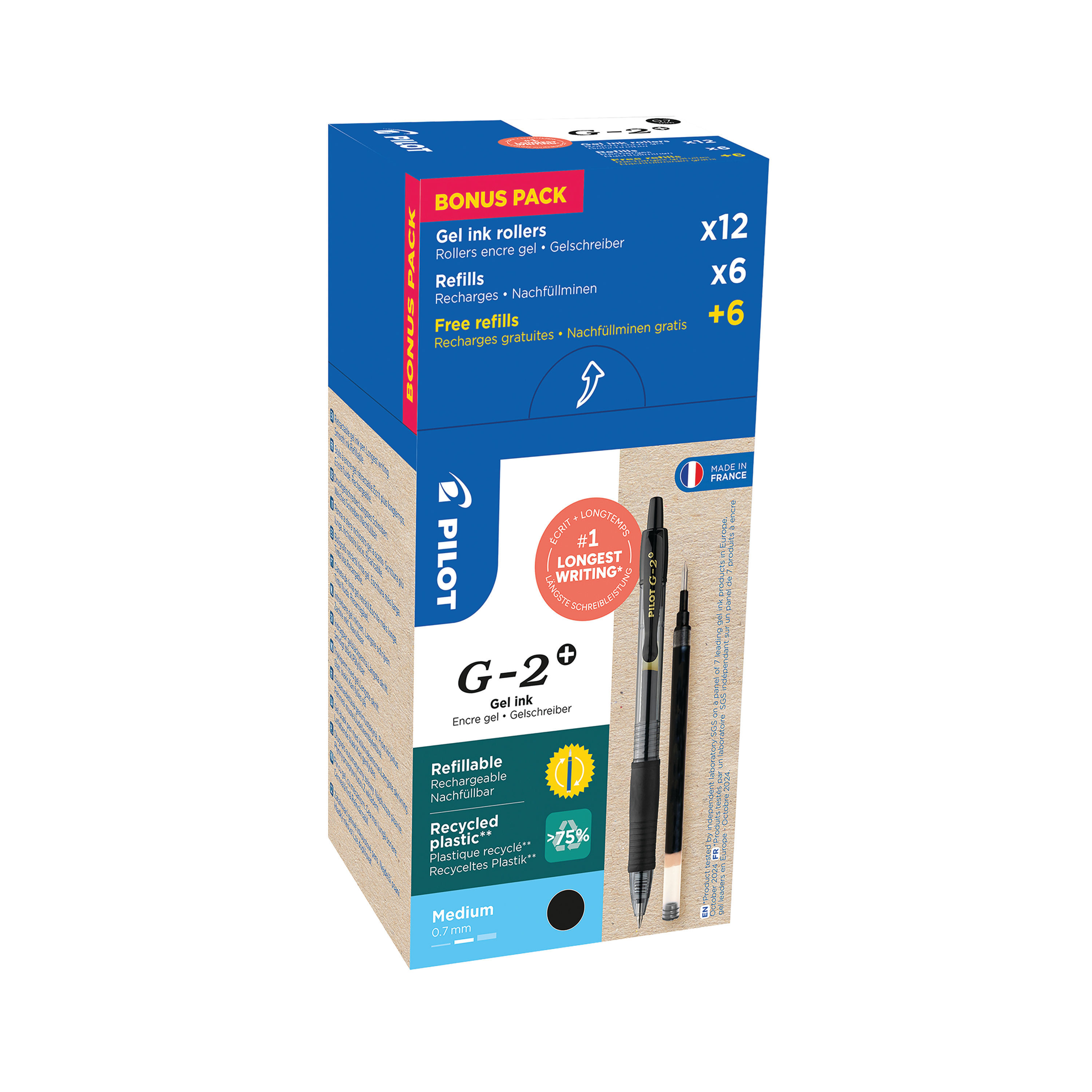 Pilot G-2 Plus Begreen Greenpack Gel Ink Rollerball Medium Black with 6 Refills