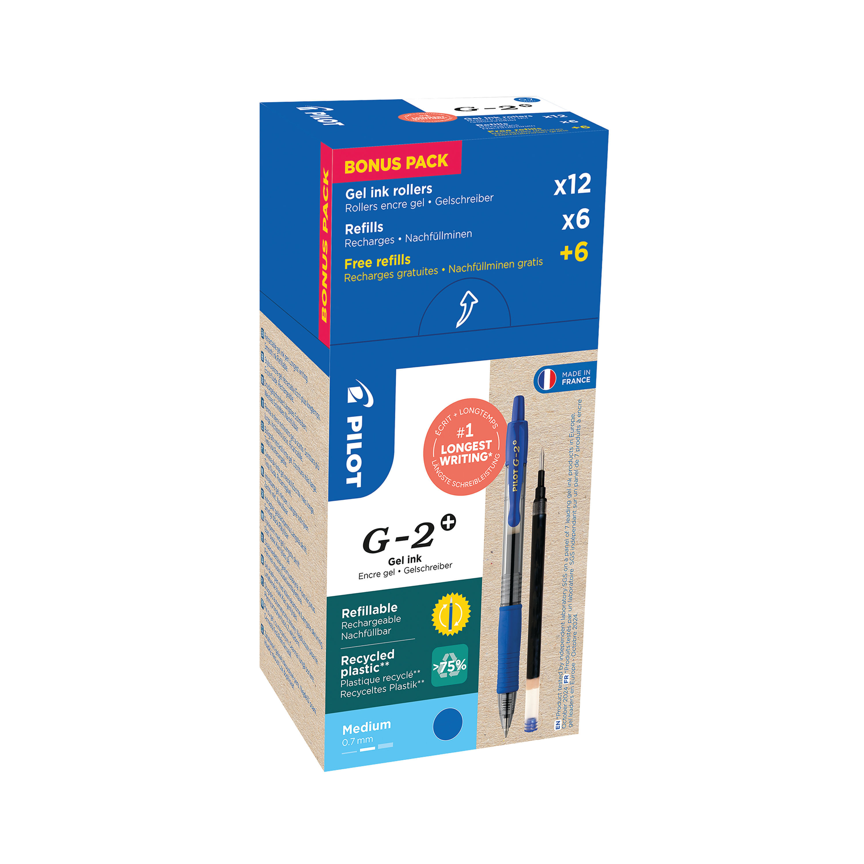 Pilot G-2 Plus Begreen Greenpack Gel Ink Rollerball Medium Blue with 6 Refills (