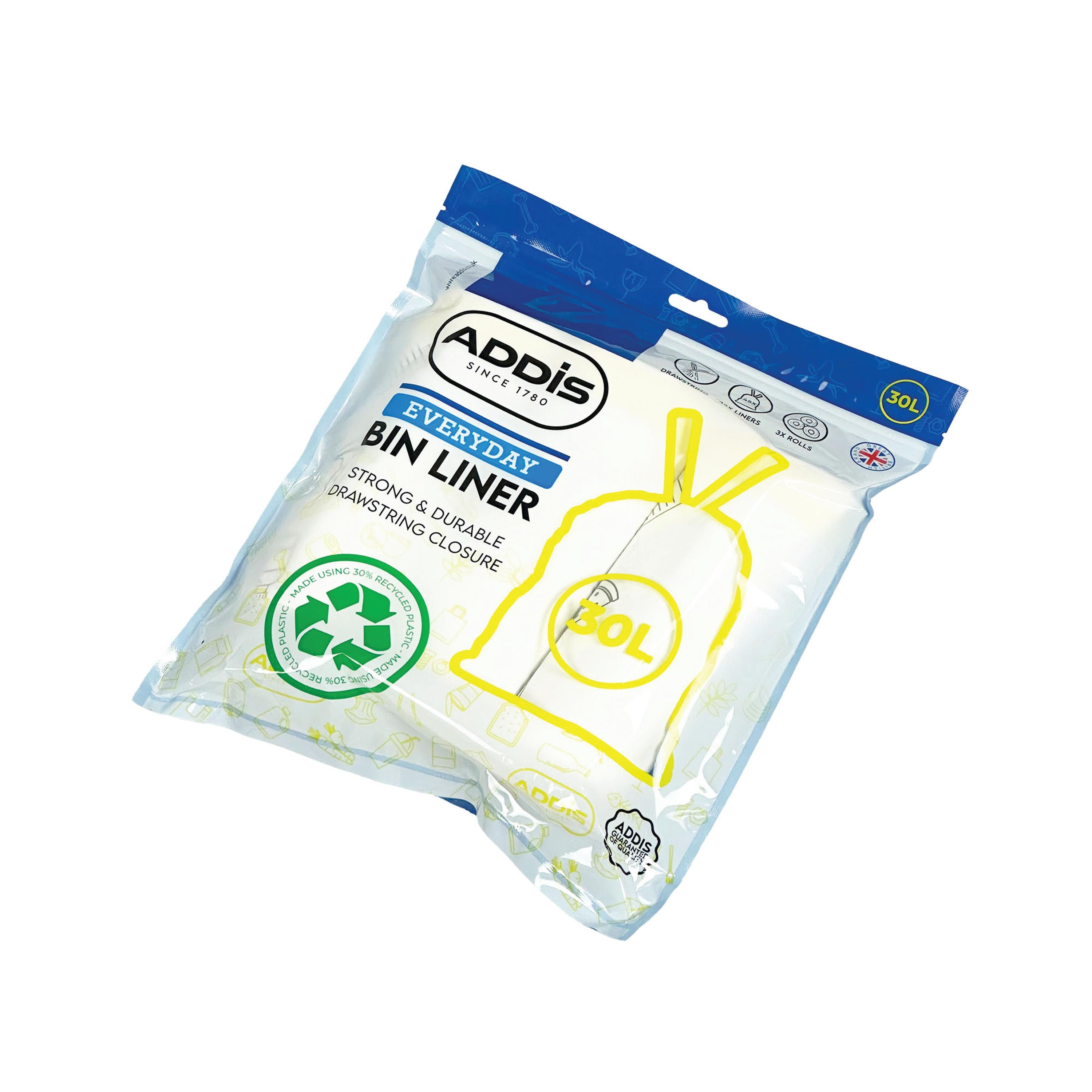 Addis Drawstring Bin Liner 30L 15 Liners Per Roll (Pack of 3) 520092