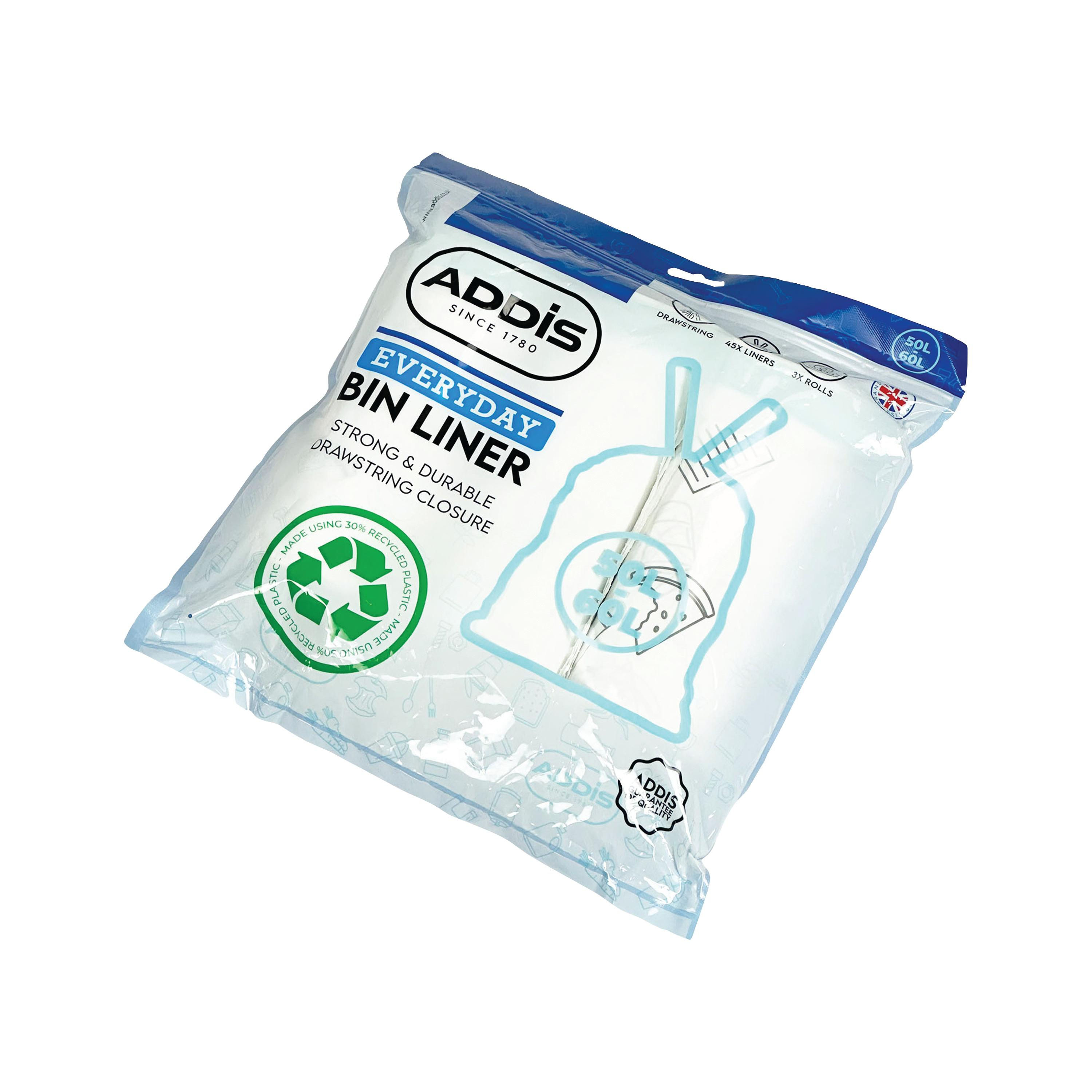 Addis Drawstring Bin Liner 50-60L 15 Liners Per Roll (Pack of 3) 520094