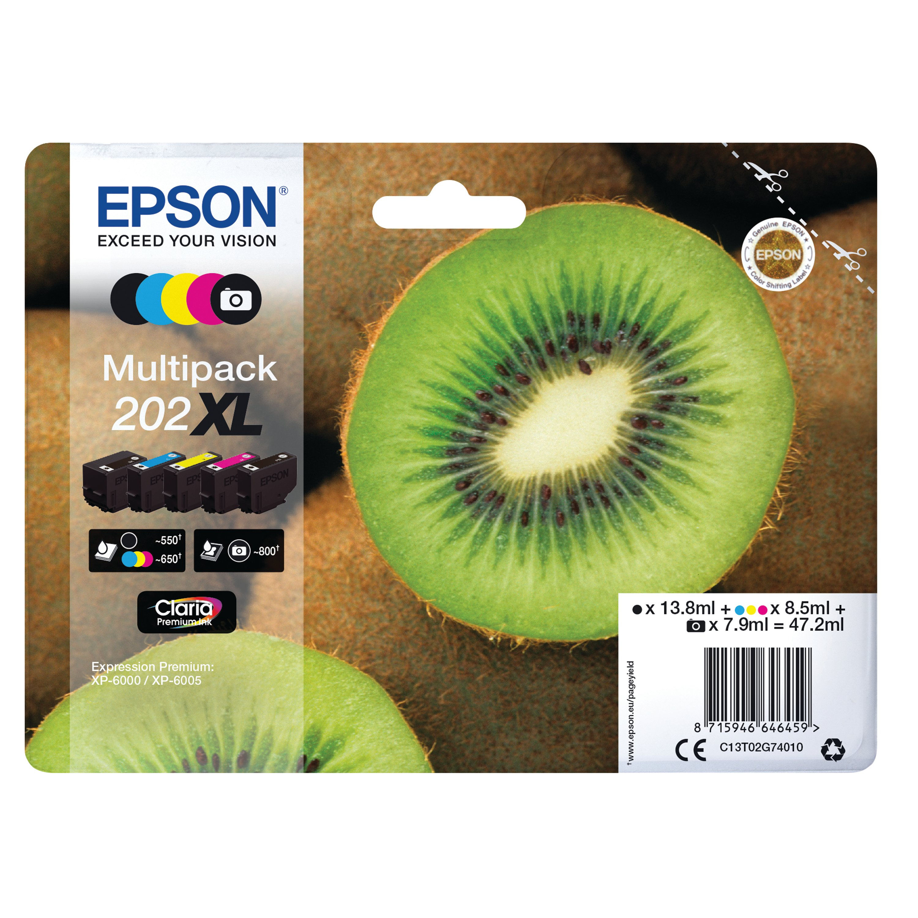 Epson 202XL Kiwi Claria Premium Ink Cartridge High Yield CMYK/Photo Black Multip