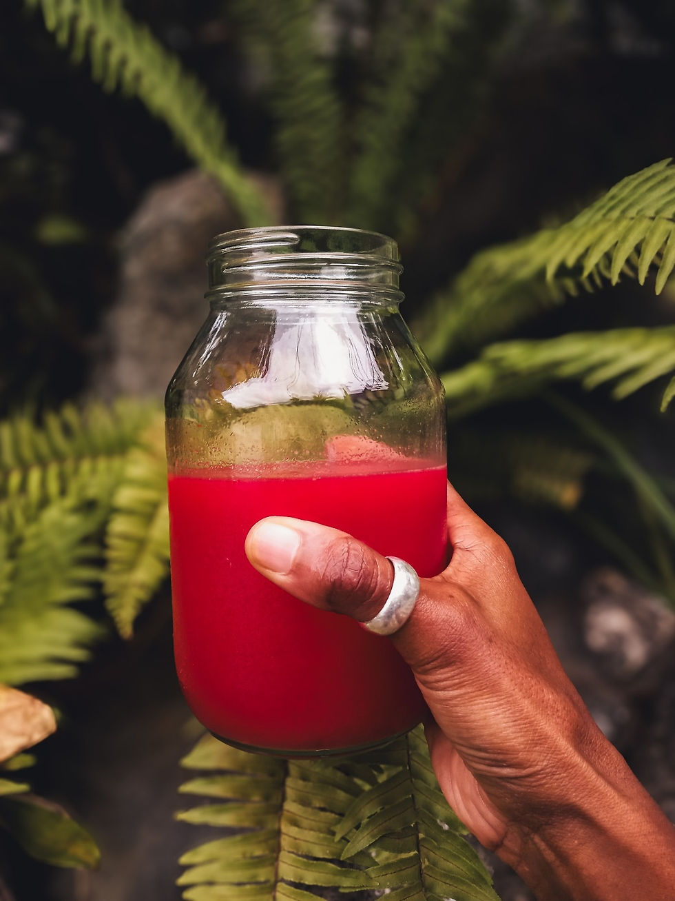 A black woman's hand holding a glass jar of vibrant red melon juice against a backdrop of tropical ferns