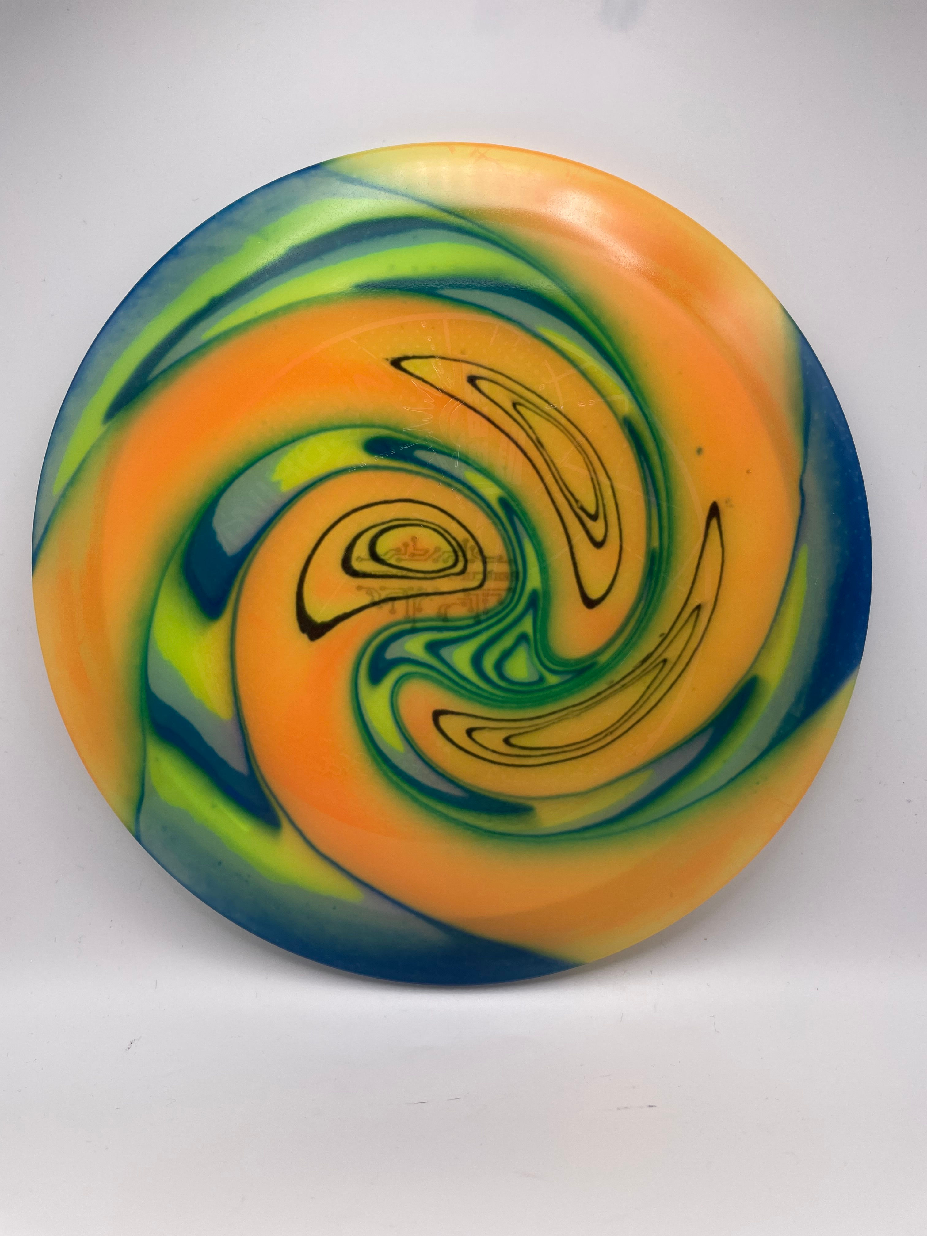 Streaks of orange with layers of green and yellow in between. 