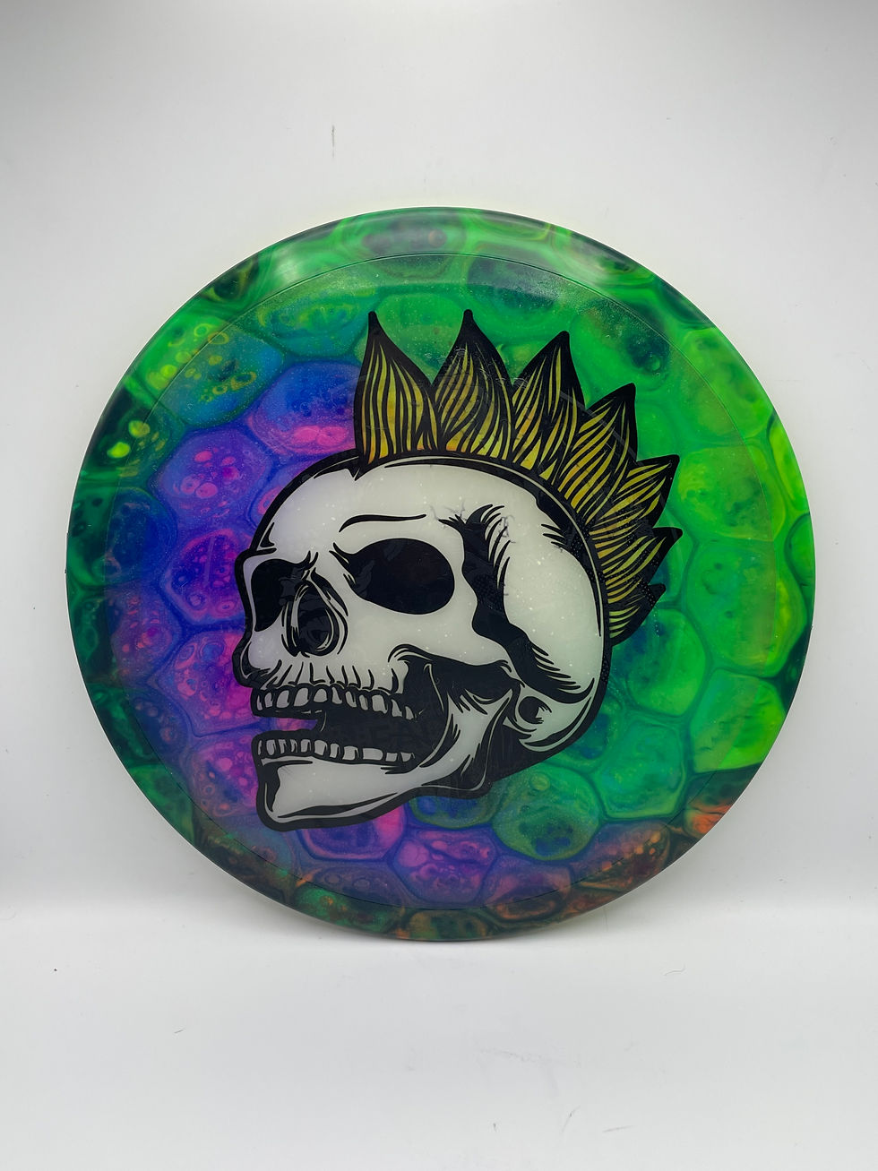 Frontside Mohawk Skull with Green and Purple Cells Thrill