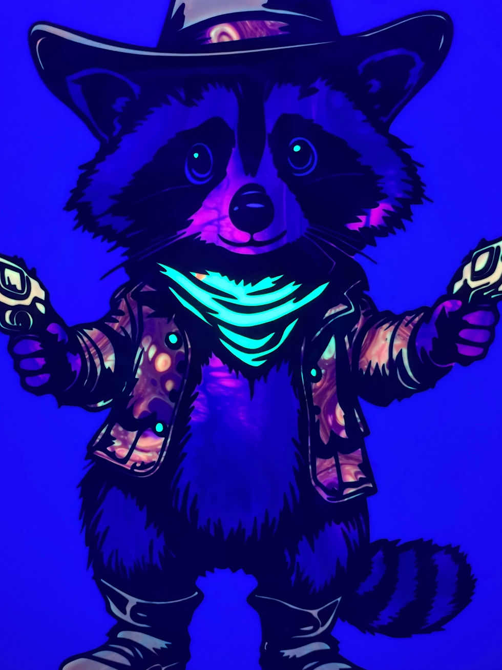 Thumbnail: Close-Up Frontside Purple and Fiery Dressed Cowboy Raccoon Bokeh under blacklight