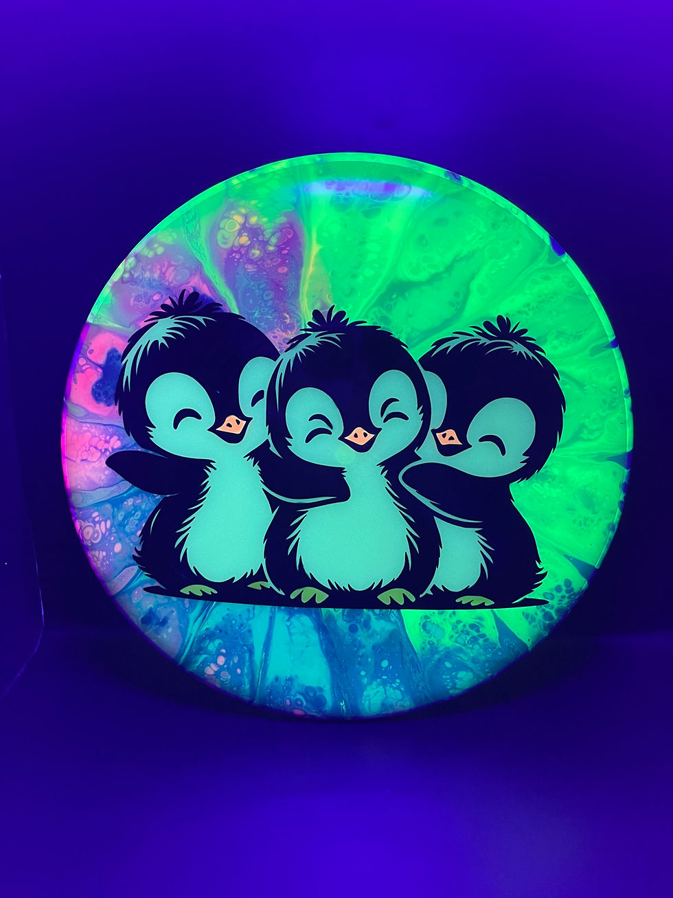 Frontside Hugging Penguin Trio Glitch under blacklight