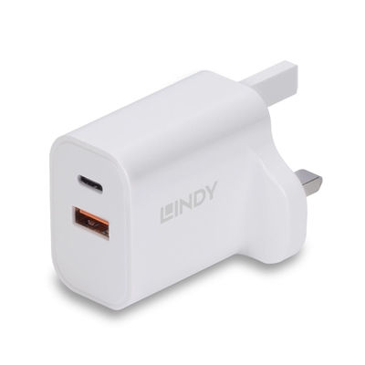 LINDY 30W USB Type A & C Charger UK Plug, 3A, Power Delivery 3.0 + PPS