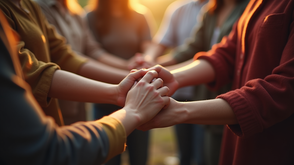 Close-up view of a small group gathered in a circle holding hands in prayer