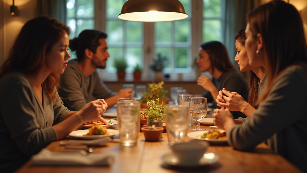 Eye-level view of a small group of people sharing a meal around a table