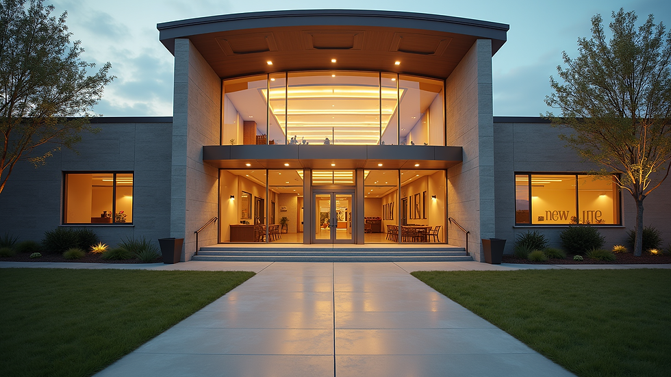 Eye-level view of the welcoming entrance of New Life Assembly church building