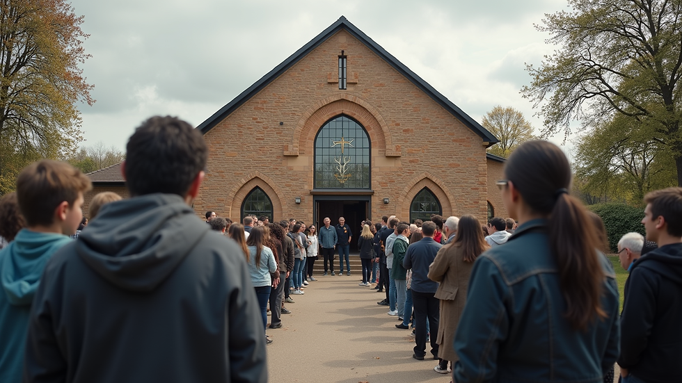 Wide angle view of community members gathered outside New Life Assembly for an outreach event
