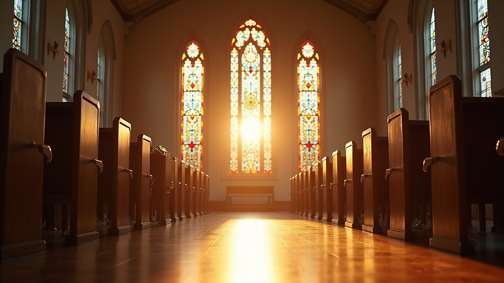 Eye-level view of a peaceful church sanctuary with sunlight streaming through stained glass windows