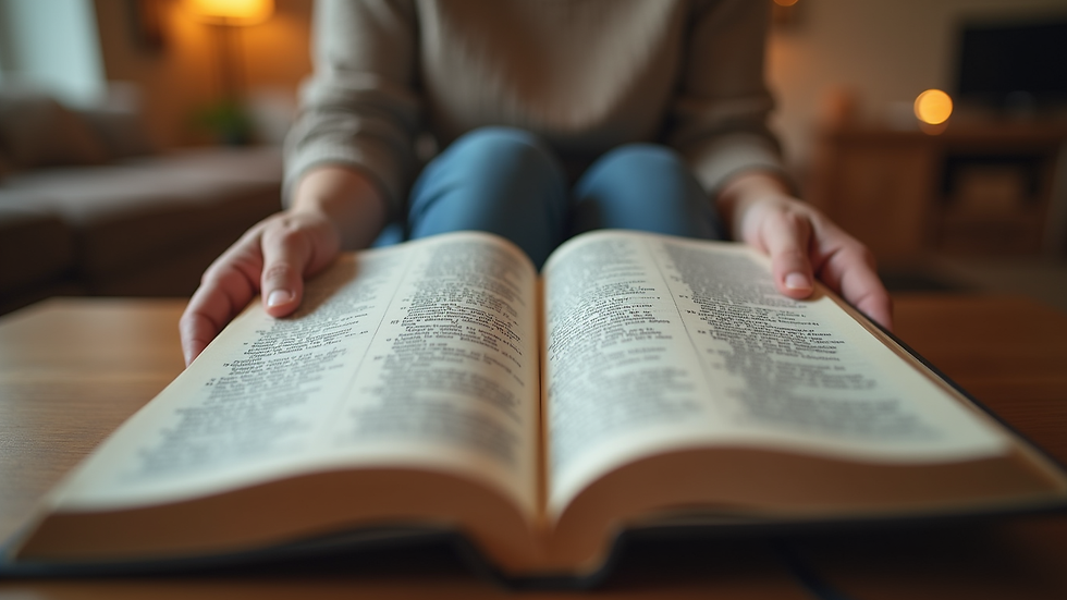 Eye-level view of a person holding an open Bible in a cozy living room