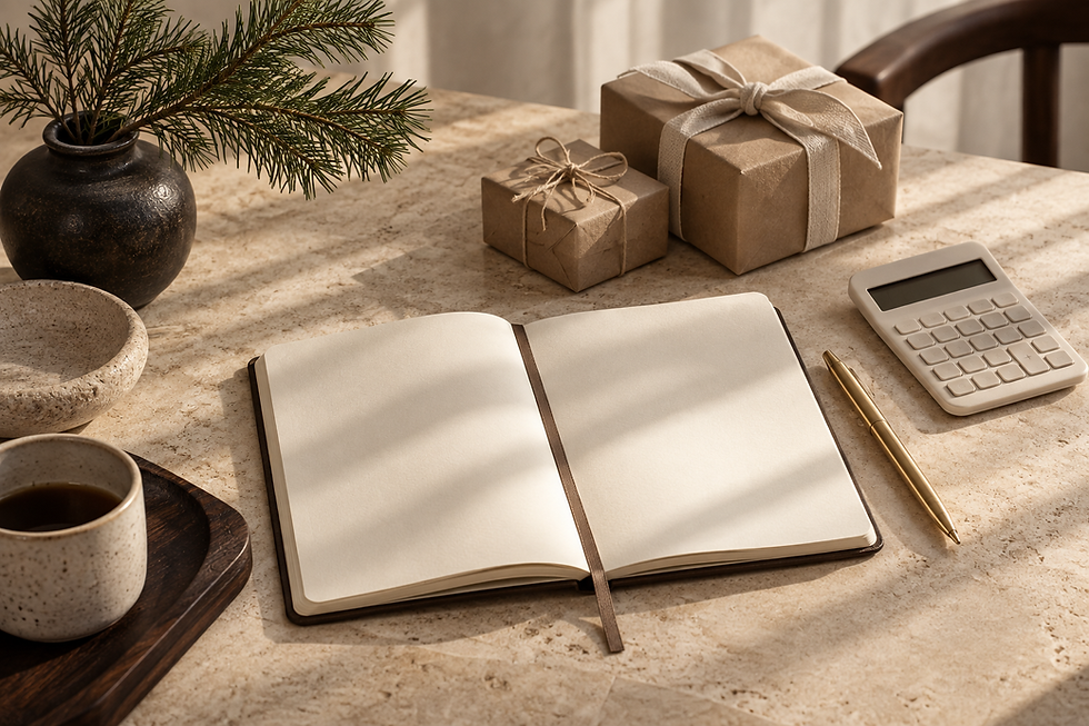 Notebook, calculator and wrapped gifts on a warm stone planning desk.