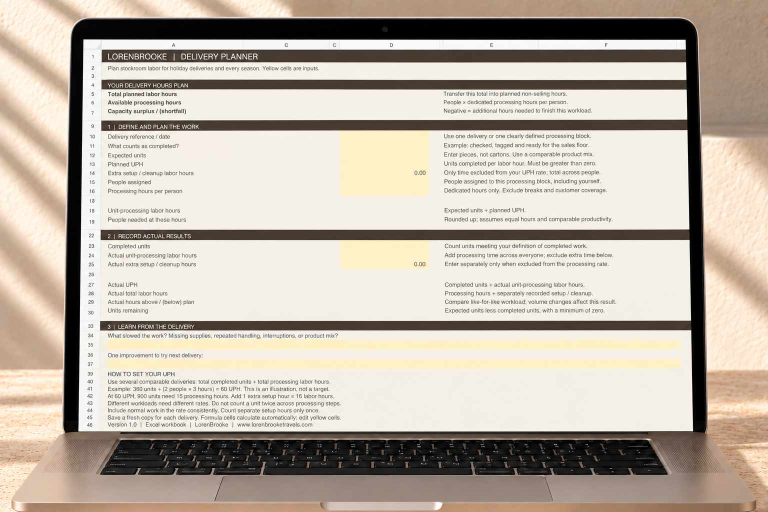 Delivery Planner Calculator worksheet displayed on a laptop in a warm neutral workspace