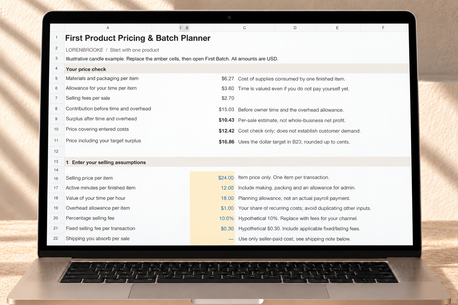 First Product Pricing & Batch Planner worksheet displayed on a laptop in a warm neutral workspace