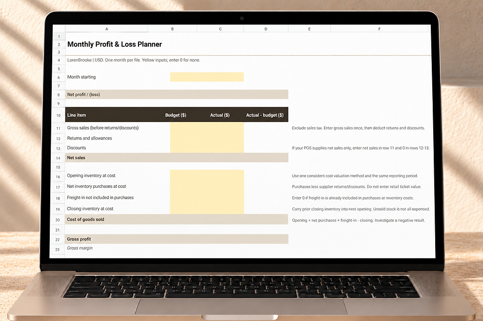 Monthly Profit & Loss Planner worksheet displayed on a laptop in a warm neutral workspace