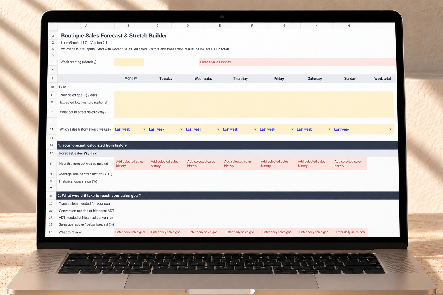 Retail Planning Bundle worksheet displayed on a laptop in a warm neutral workspace