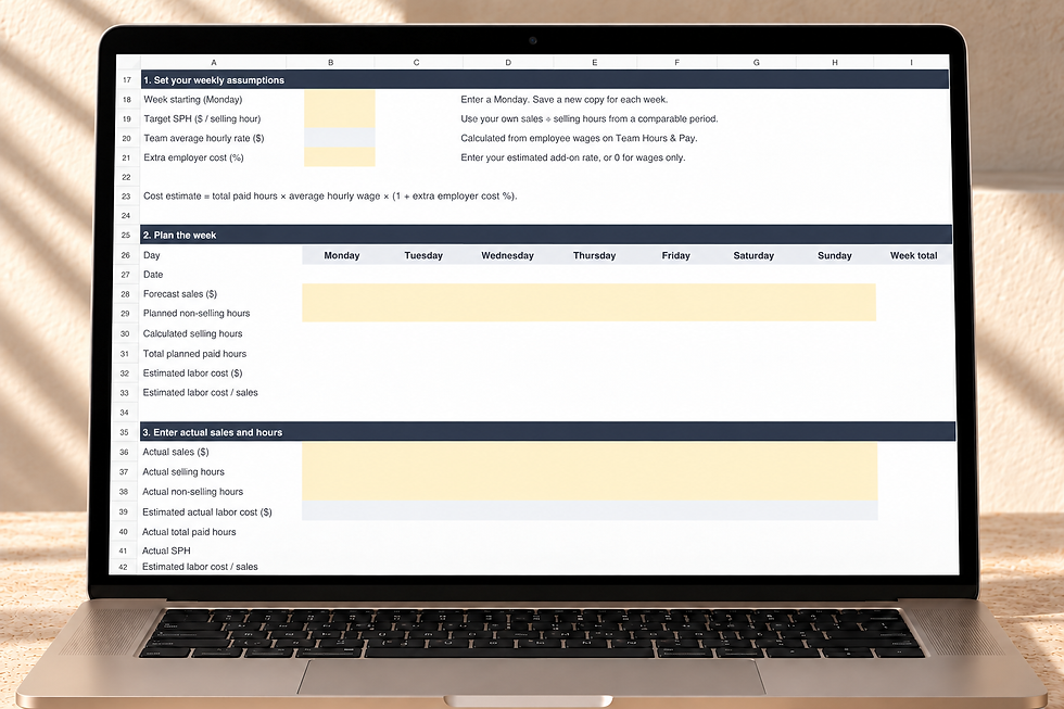 Labor Planner worksheet displayed on a laptop in a warm neutral workspace