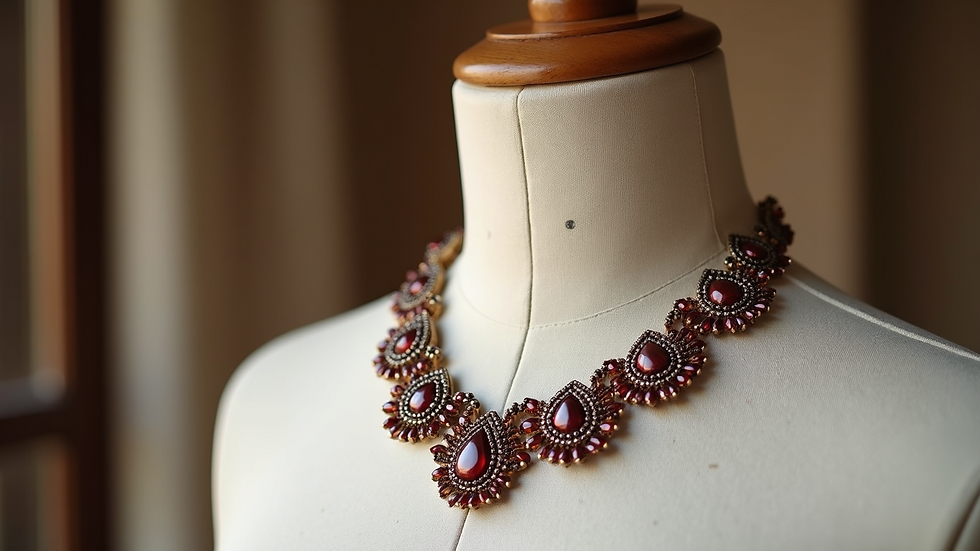 Eye-level view of a stunning statement necklace displayed on a mannequin