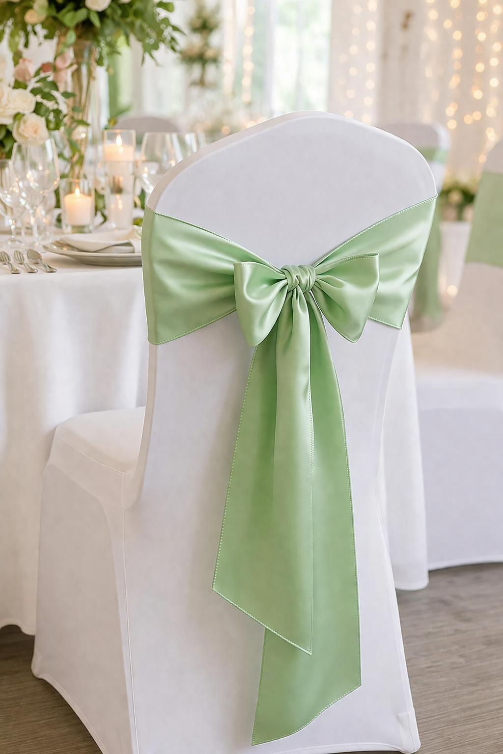 NOEUD DE CHAISE EN SATIN VERT SAUGE 20cm*270cm