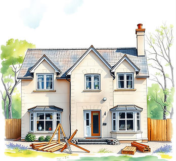uk middle class home in watercolour in the style of an architect's blueprint construction