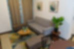 Sala del apartamento modelo de Eleva Once con sofá gris, mesas de centro y plantas decorativas.