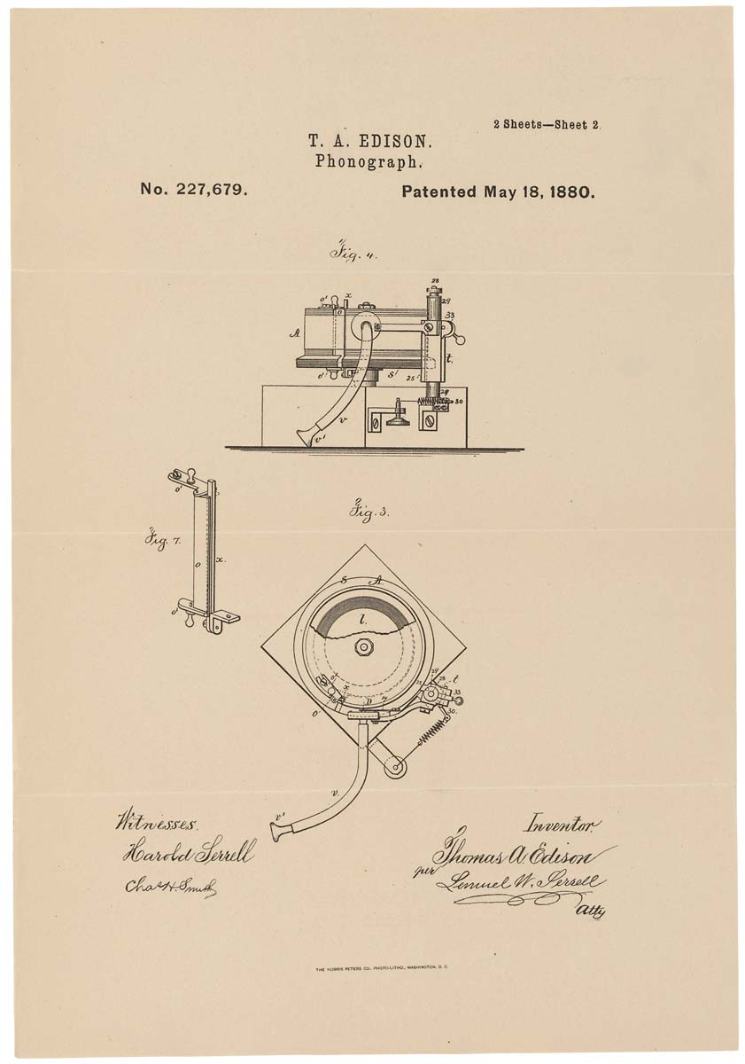 Patent drawing for Edison's phonograph, May 18, 1880