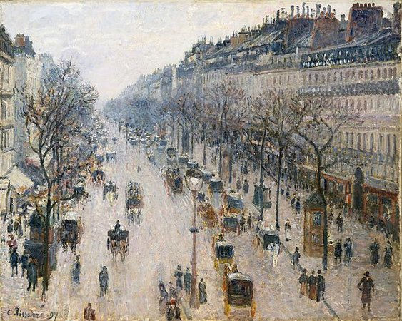 The Haussmanization of Paris | "The Boulevard Montmartre on a Winter Morning" (1897) by Camille Pissarro (1830 - 1903) at the Metropolitan Museum of Art, New York.