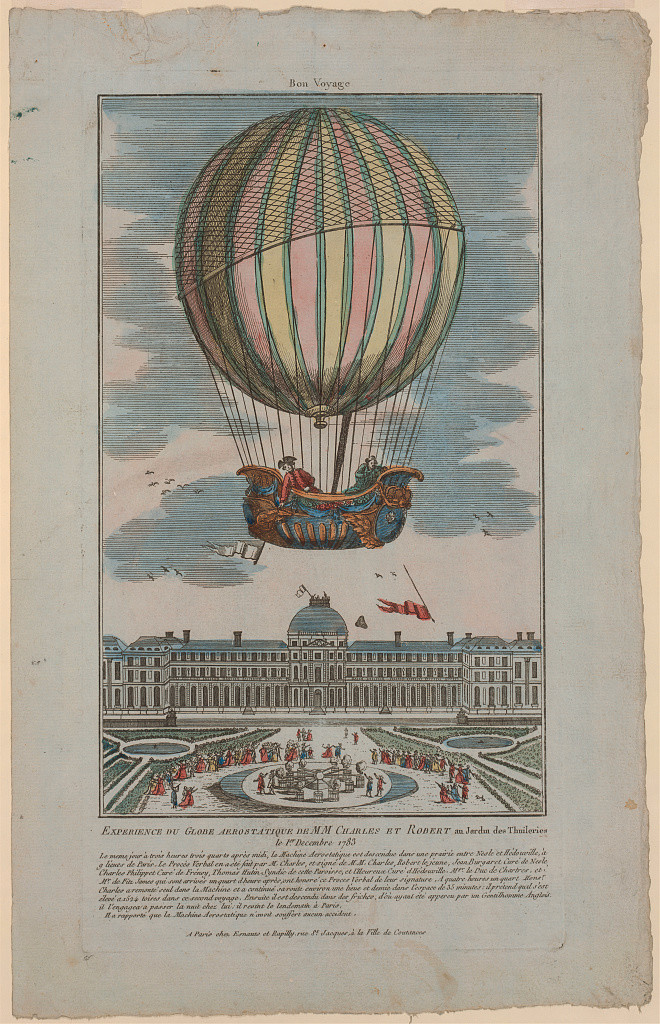 Print shows Jacques Alexandre César Charles and Marie-Noël Robert riding in the gondola of a balloon ascending from the Tuileries Garden, Paris, France, December 1, 1783 in the first hydrogen balloon flight.