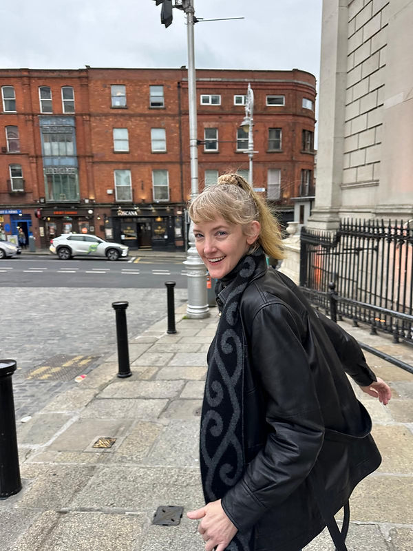 A picture of writer Elizabeth Oxley walking in Dublin.