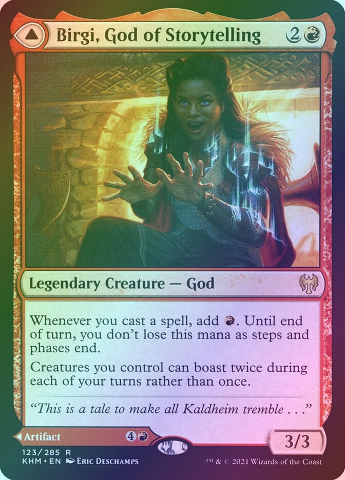 Birgi, God of Storytelling // Harnfel, Horn of Bounty (KHM) (123) / Foil — cara 1 de 2
