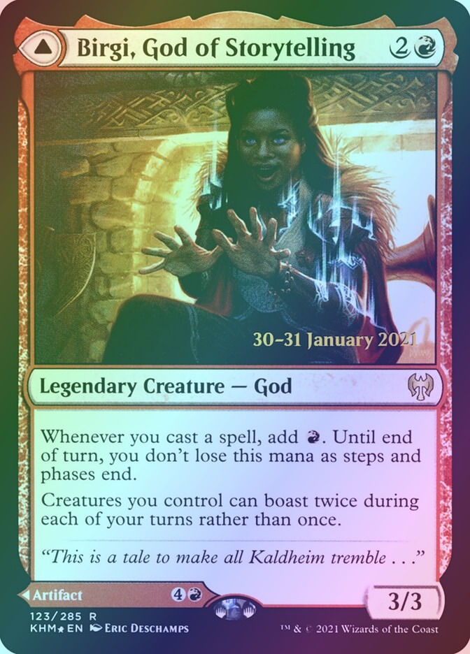 Birgi, God of Storytelling // Harnfel, Horn of Bounty (PKHM) (123s) / Foil — cara 1 de 2