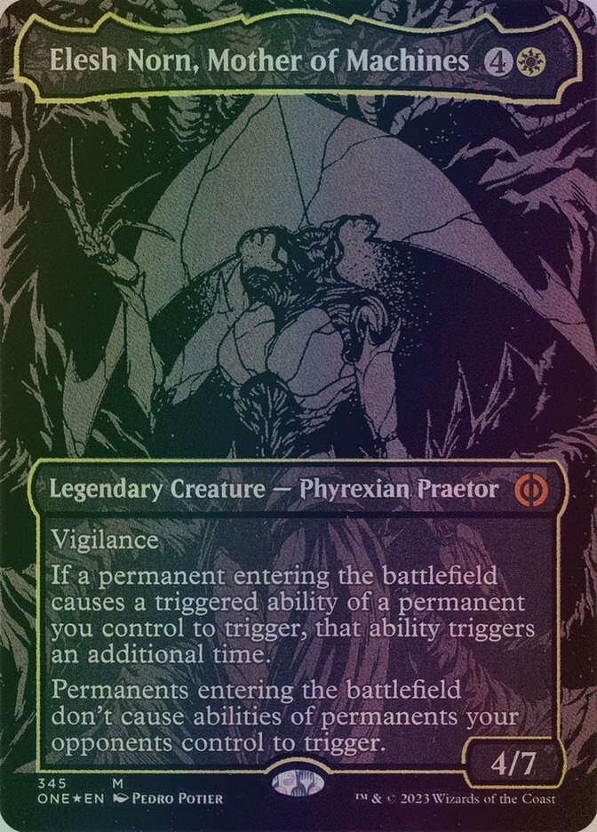Elesh Norn, Mother of Machines (ONE) (345) / Borderless / Oil Slick Foil