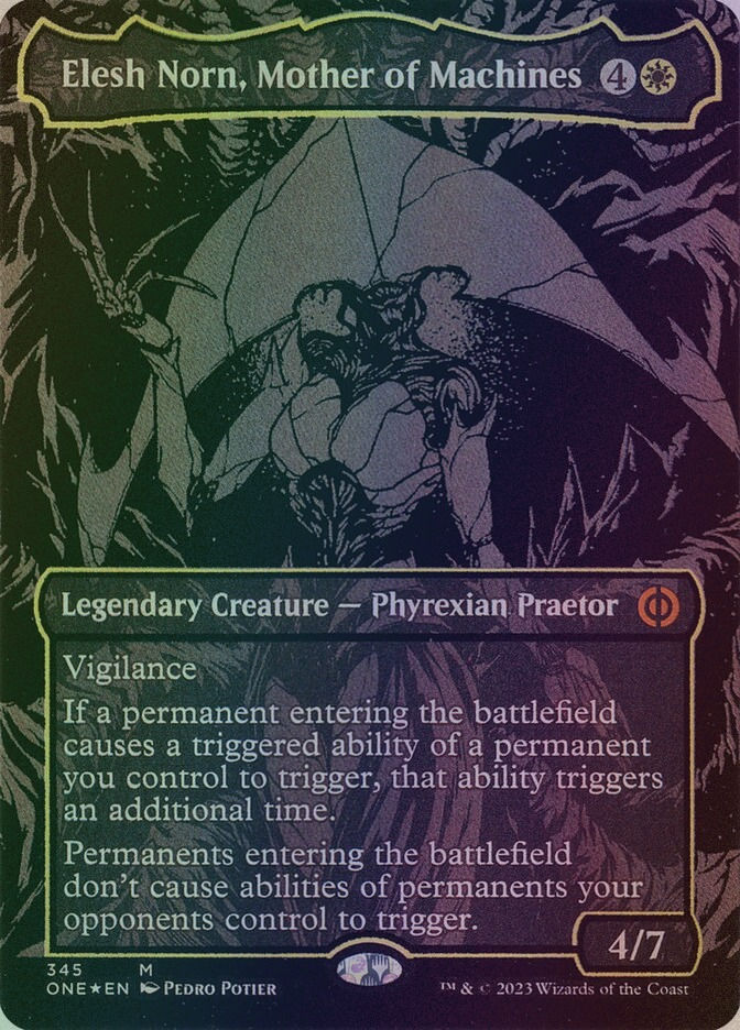 Elesh Norn, Mother of Machines (ONE) (345) / Borderless / Oil Slick Foil