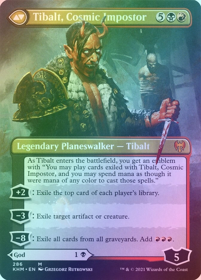 Valki, God of Lies // Tibalt, Cosmic Impostor (KHM) (286) / Borderless / Foil — cara 2 de 2