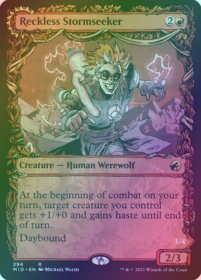 Reckless Stormseeker // Storm-Charged Slasher (MID) (294) / Showcase / Foil — cara 1 de 2