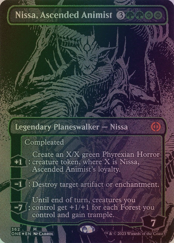 Nissa, Ascended Animist (ONE) (362) / Borderless / Oil Slick Foil