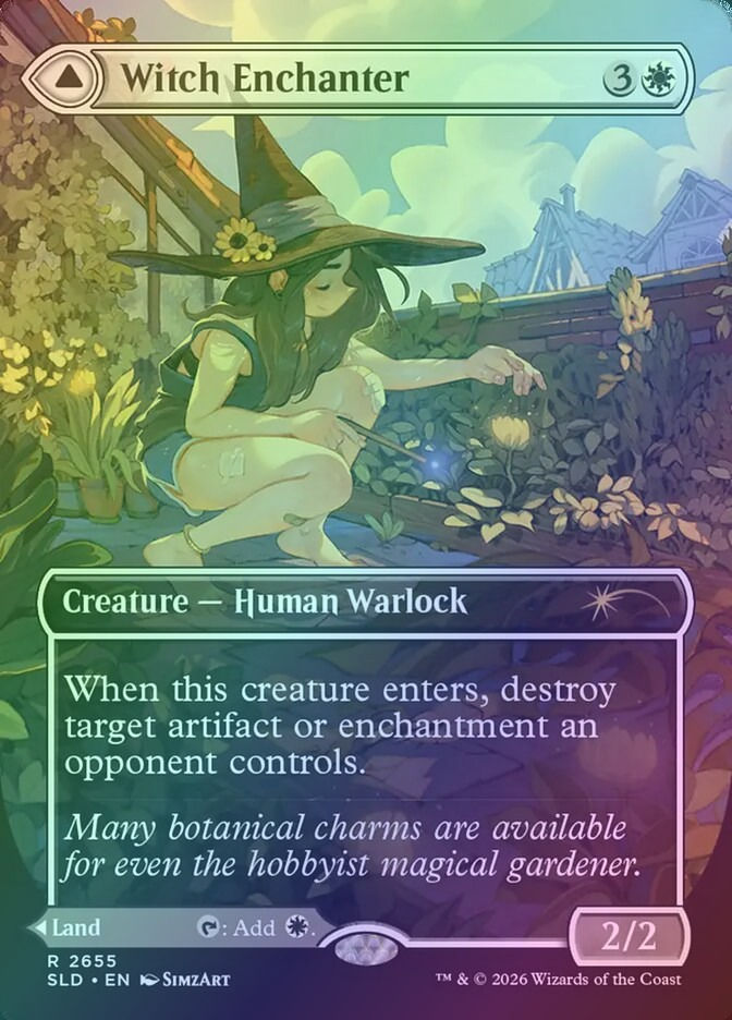 Witch Enchanter // Witch-Blessed Meadow (SLD) (2655) / Borderless / Foil — cara 1 de 2