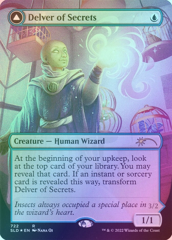 Delver of Secrets // Insectile Aberration (SLD) (722) / Borderless / Foil — cara 1 de 2