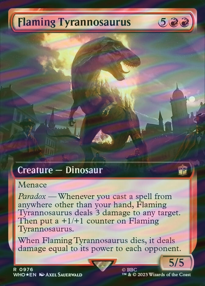 Flaming Tyrannosaurus (WHO) (976) / Extended Art / Surge Foil