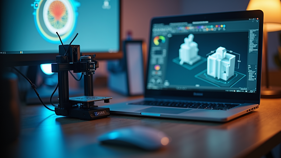 Eye-level view of a desktop with 3D printer and laptop showing design software