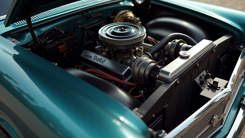 Close-up view of a classic car engine bay with shiny metal parts