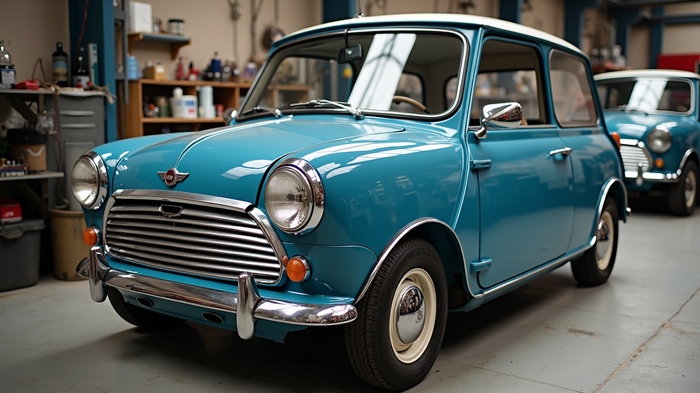 Eye-level view of a classic Austin Mini Blue Shark