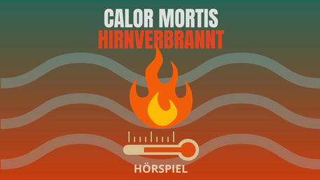 Eine Flamme im Comicstil vor einem grün-rotem Farbverlauf und mit einem Thermometer im Comicstil darunter. In weiß-rotem Text steht auf dem Bild: "Calor Mortis – Hirnverbrannt" und darunter "Hörspiel". 