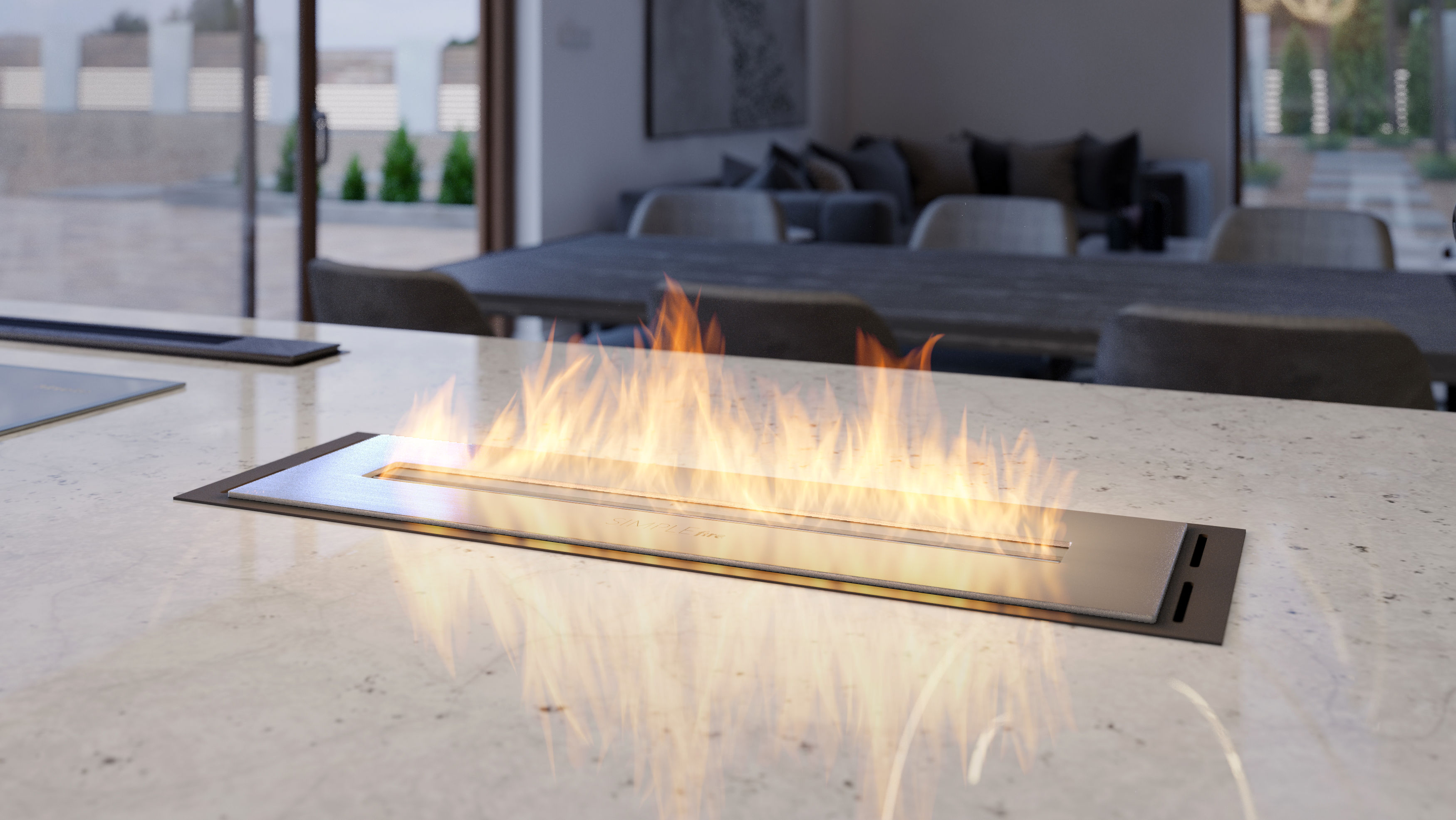 Kitchen island with a built-in Inbox 500 Black bio-fireplace insert from Decotella