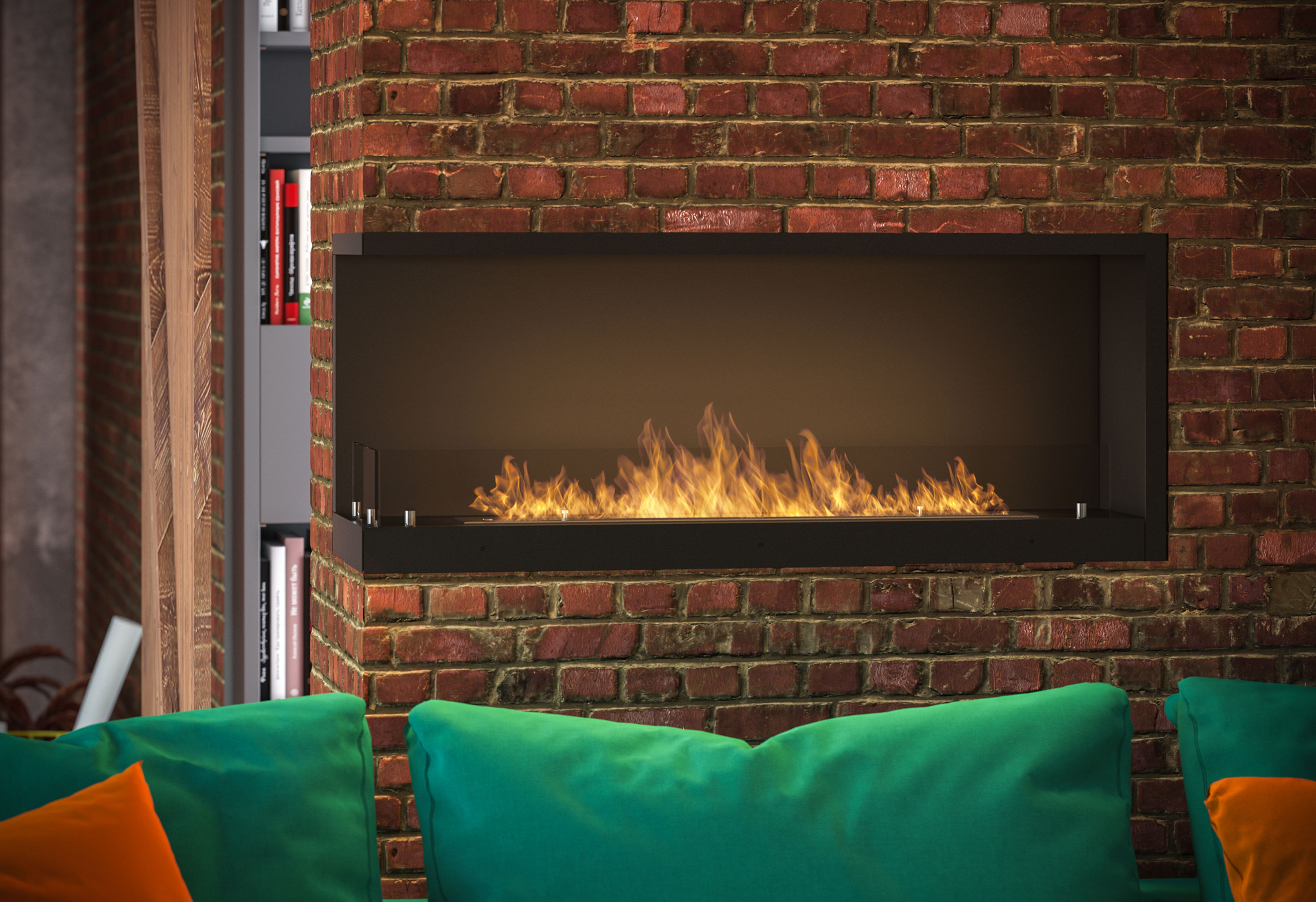 Large bio-fireplace in the corner of a wall in a large, modern living room
