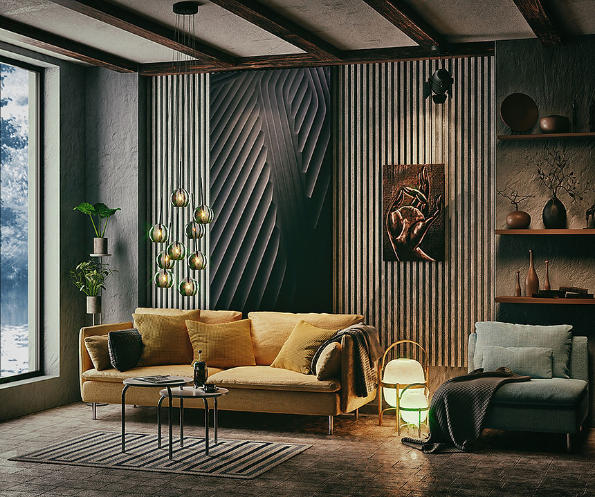 feature wall with visible elements of modern decor with wall slats and stylish yellow couch