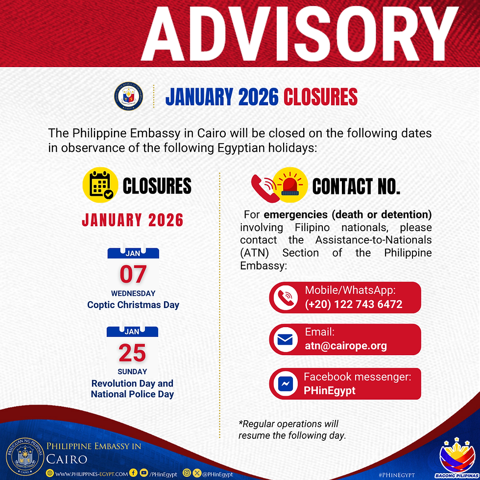 โ๐๐๐๐ #PHinEgyptAdvisory: Holiday Notice