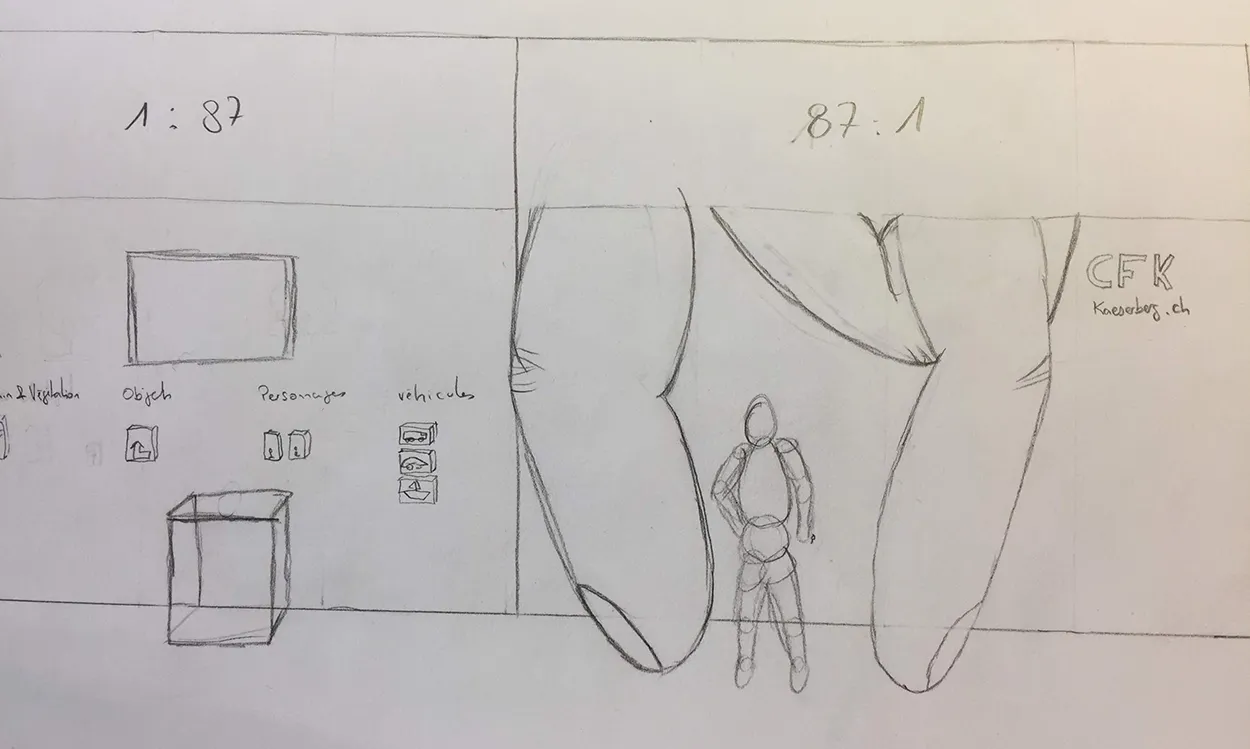 Croquis créé après l'idéation qui représente une main à l'échelle 87:1, o^`ù les visiteurs peuvent poser devant